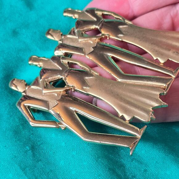 JJ Jonette Vintage Art Deco Style goldtone Double Date Brooch 1988 pin 80s prom - Picture 11 of 15